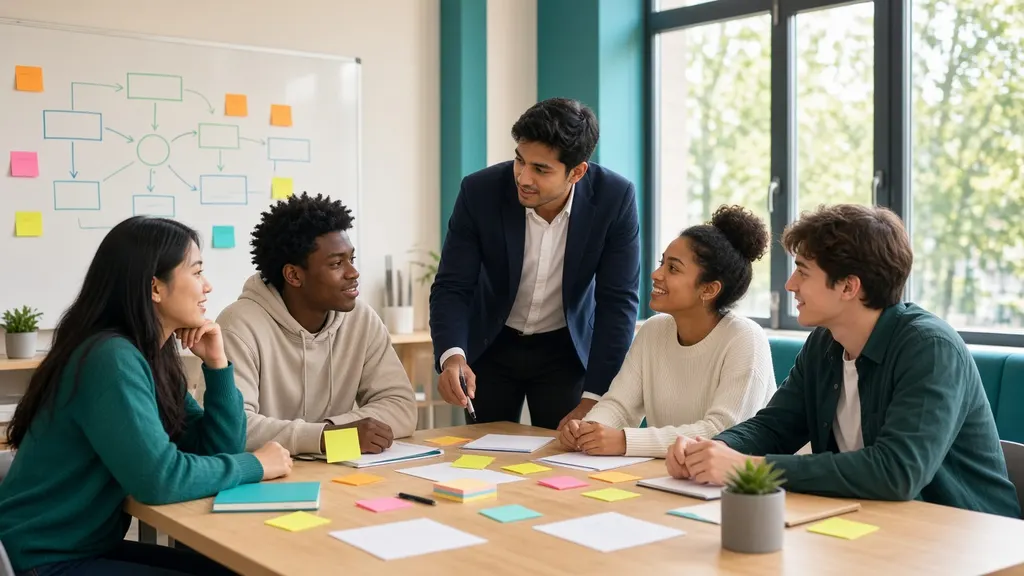 A consultant guiding a group of students around a table covered in sticky notes